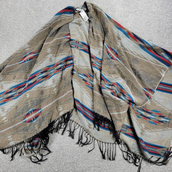Mudd Womens Poncho Wrap Sweater Tan Aztec Fringe Southwestern Oversized Boho NEW - Picture 12 of 16